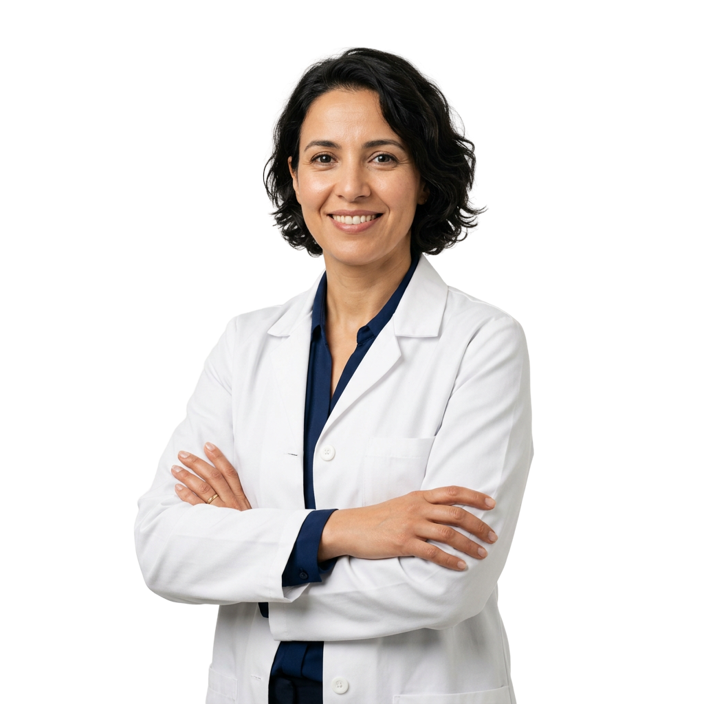 Portrait généré par IA d’une biologiste souriante en blouse blanche, bras croisés. Personnage fictif.