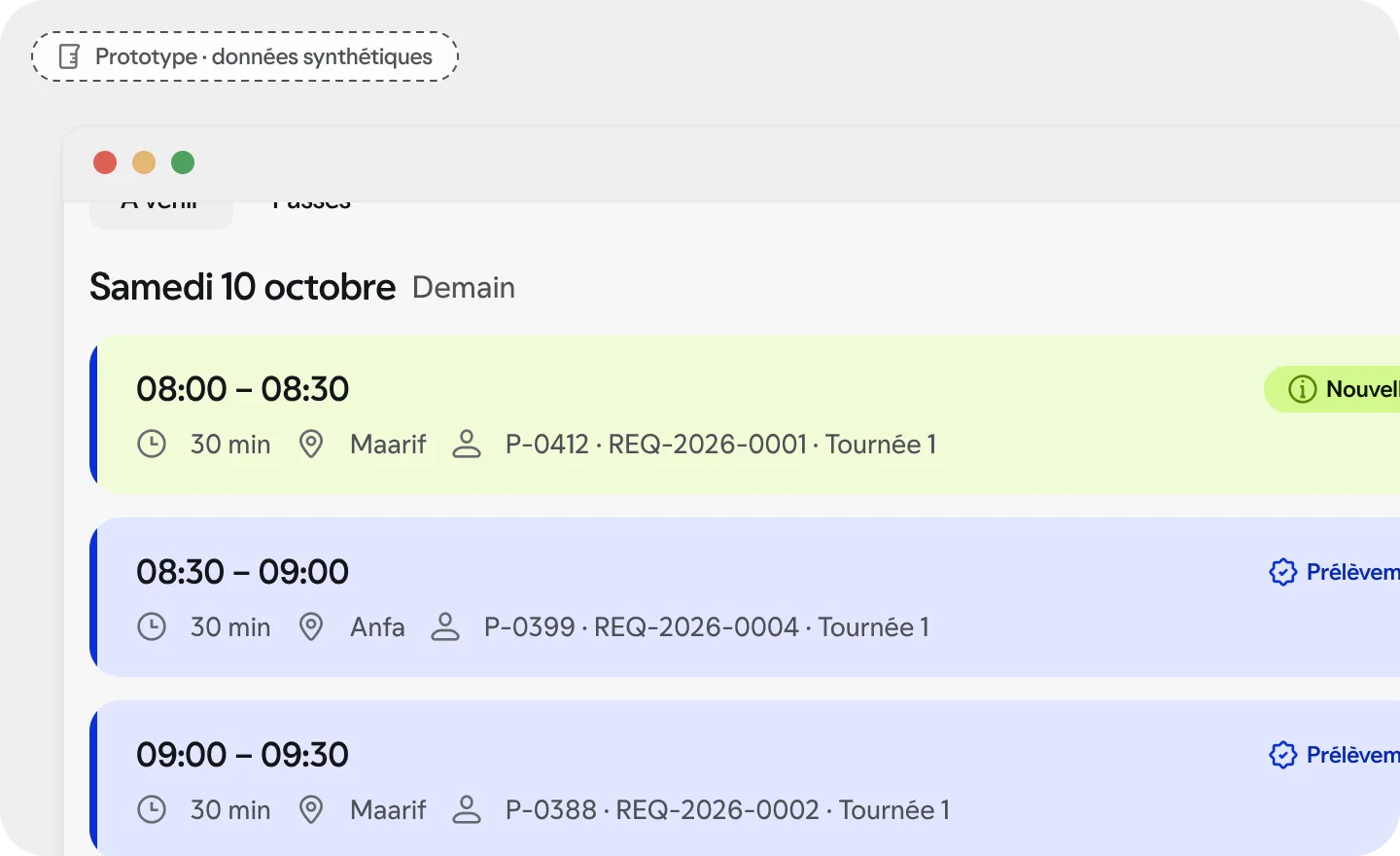 Espace du laboratoire : le planning des prélèvements du samedi 10 octobre. Prototype, données synthétiques.