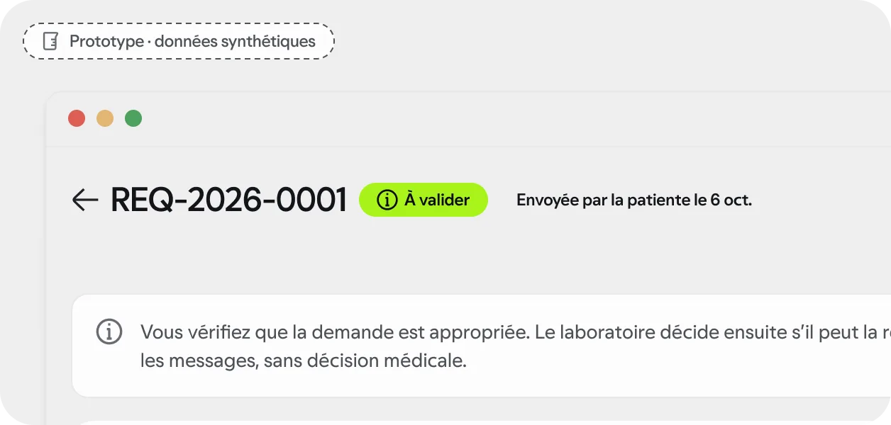 Écran du médecin : la demande à valider, avec l’avis de responsabilité. Prototype, données synthétiques.