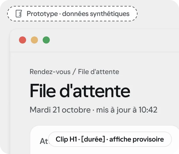 Prototype · données synthétiques : affiche provisoire du clip « Patients, rendez-vous, accueil », écran « File d’attente ».