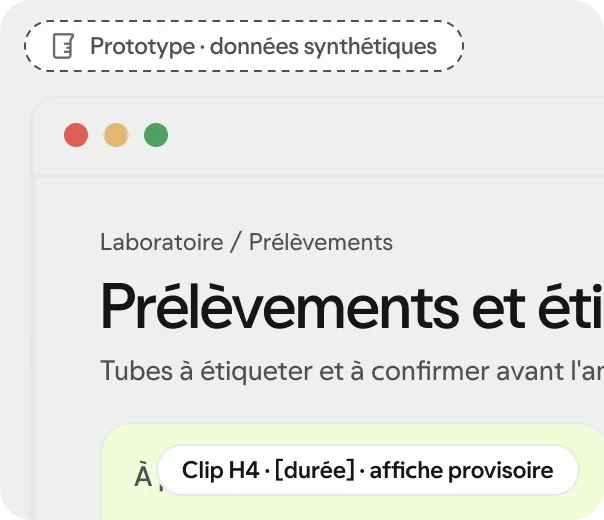 Prototype · données synthétiques : affiche provisoire du clip « Gestion du laboratoire », écran « Prélèvements et étiquettes ».