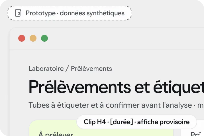 Prototype · données synthétiques : affiche provisoire du clip « Gestion du laboratoire », écran « Prélèvements et étiquettes ».