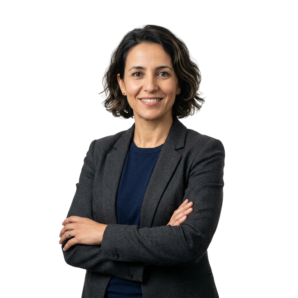 Portrait généré par IA d’une directrice de laboratoire souriante en veste sombre, bras croisés. Personnage fictif.