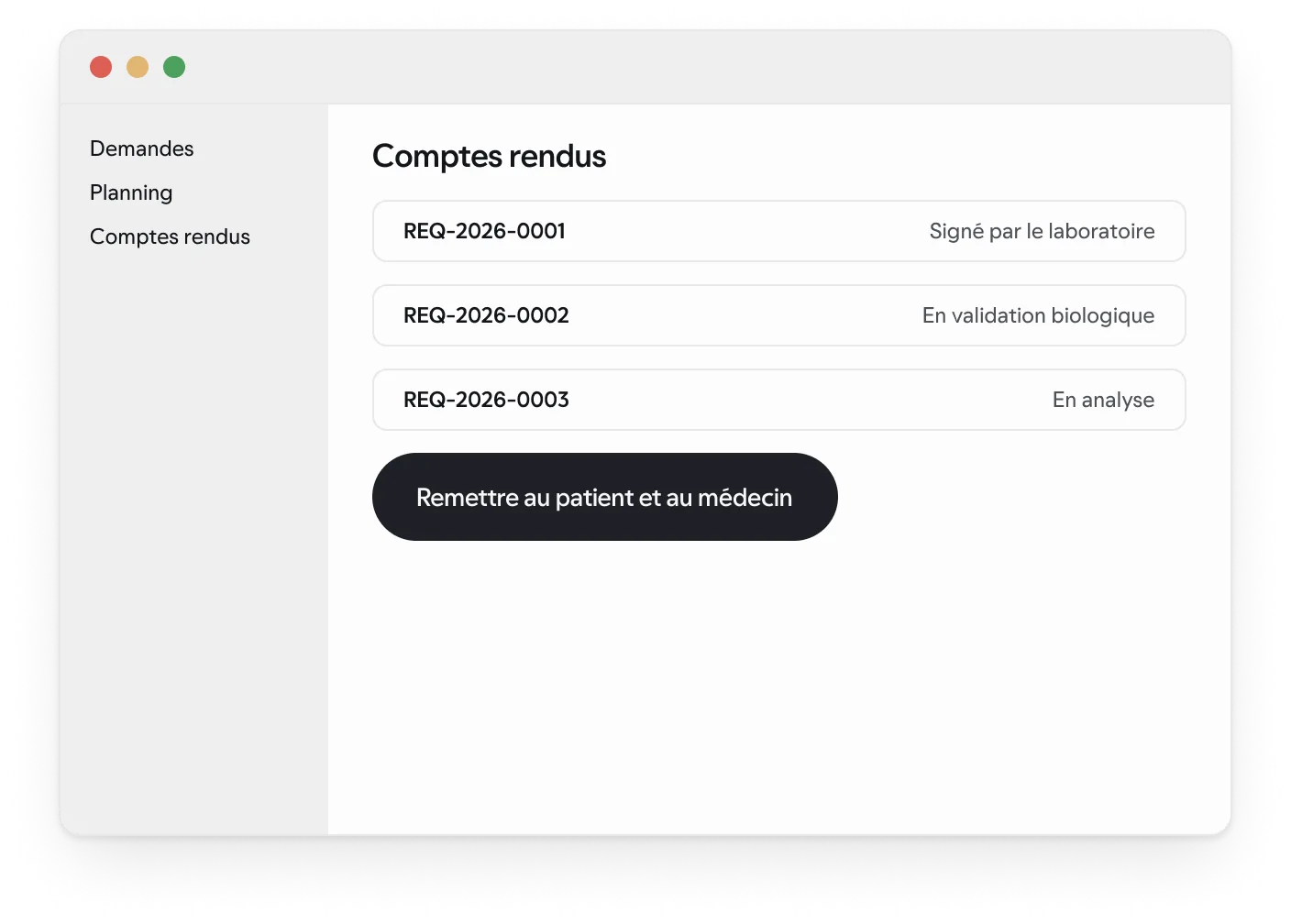 L’écran d’envoi du compte rendu signé dans l’espace laboratoire, avec des données synthétiques.