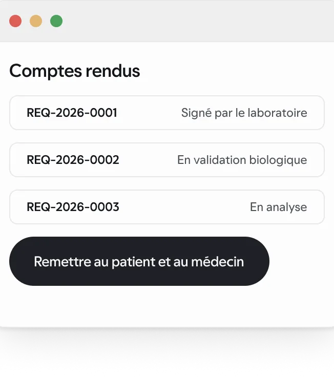 La liste des comptes rendus et la provenance de la signature dans l’espace laboratoire, avec des données synthétiques.