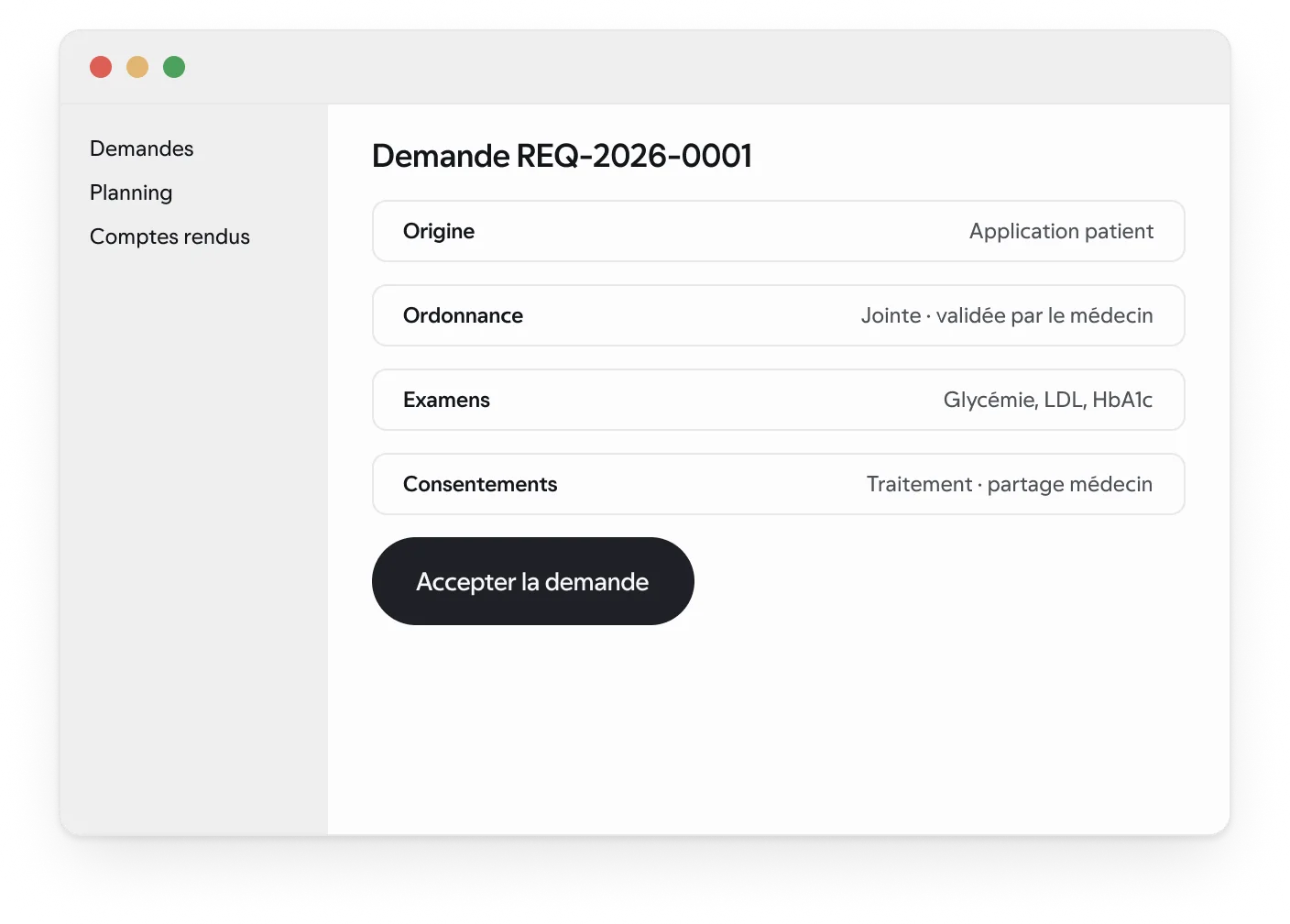 Le détail d’une demande (ordonnance, examens, consentements) dans l’espace laboratoire, avec des données synthétiques.