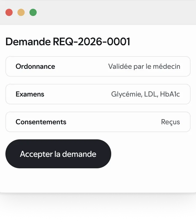 Le détail d’une demande (ordonnance, examens, consentements) dans l’espace laboratoire, avec des données synthétiques.
