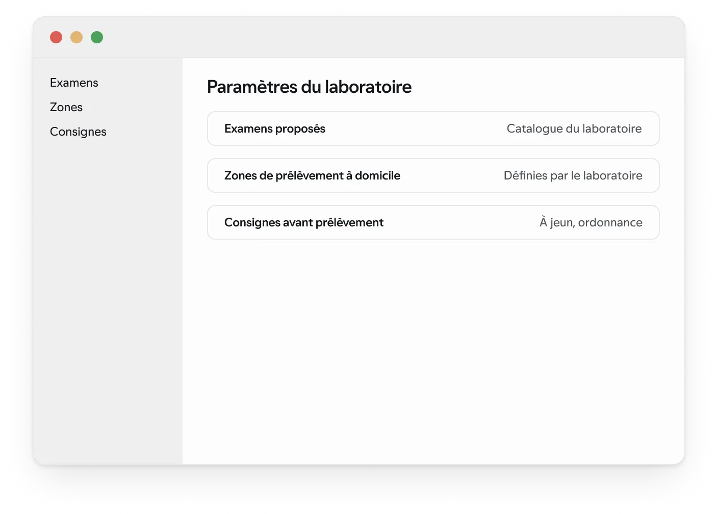Les paramètres du laboratoire (examens, zones, consignes) dans l’administration, avec des données synthétiques.