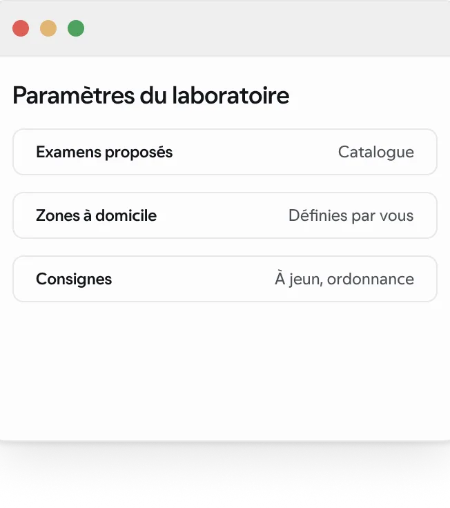 Les paramètres du laboratoire (examens, zones, consignes) dans l’administration, avec des données synthétiques.