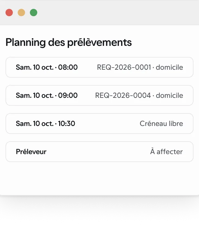 Le planning des prélèvements dans l’espace laboratoire, avec des données synthétiques.
