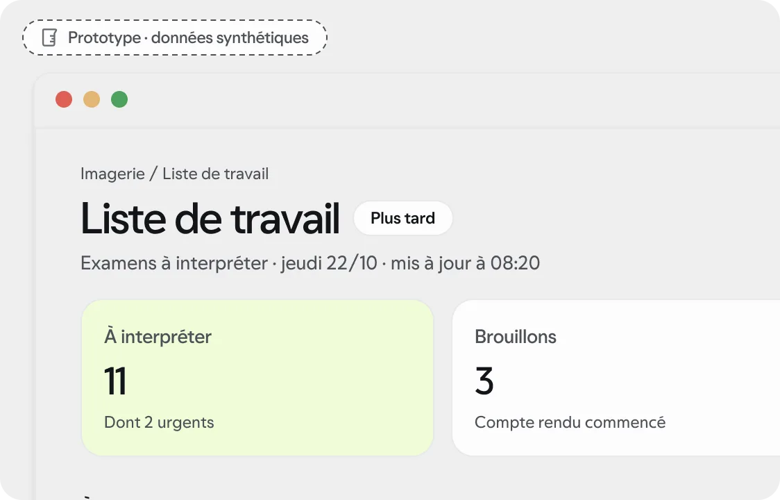 Prototype · données synthétiques : écran « Liste de travail » de l’espace Médicotechnique.