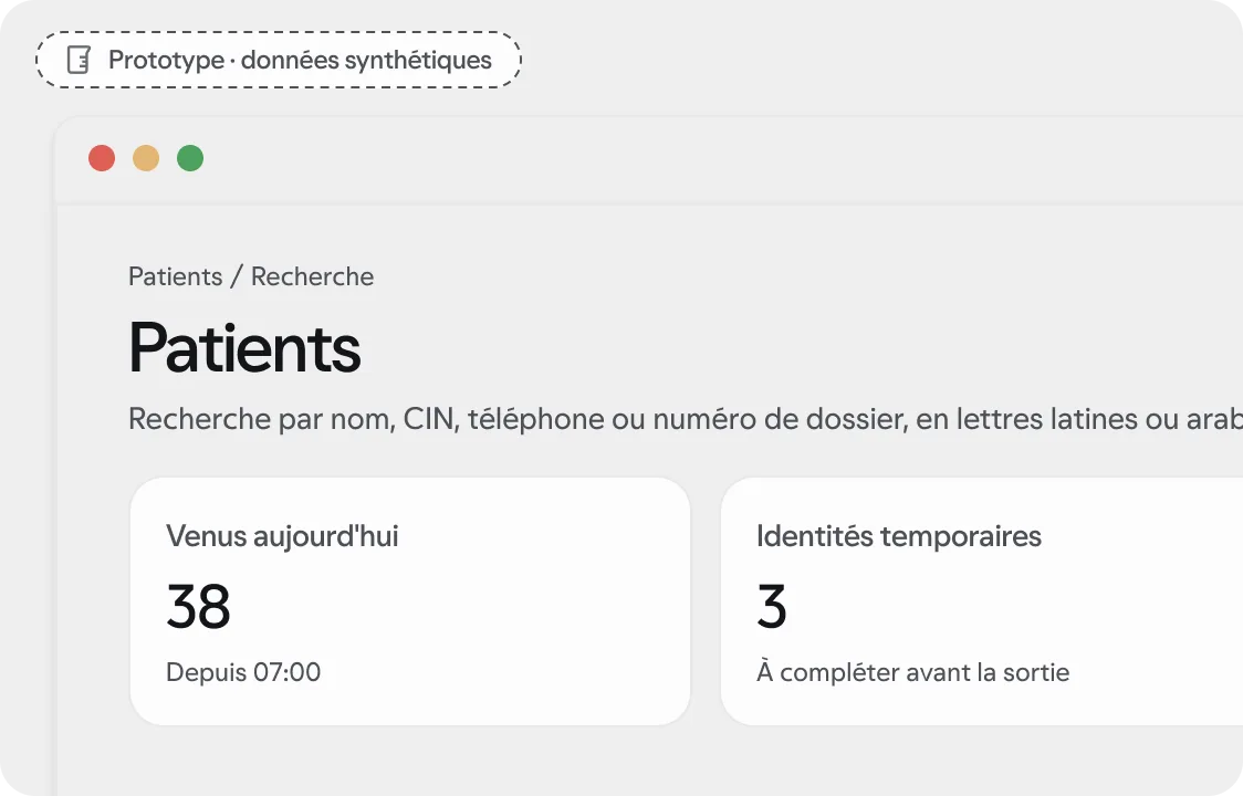 Prototype · données synthétiques : écran « Recherche patient » de l’espace Patients.