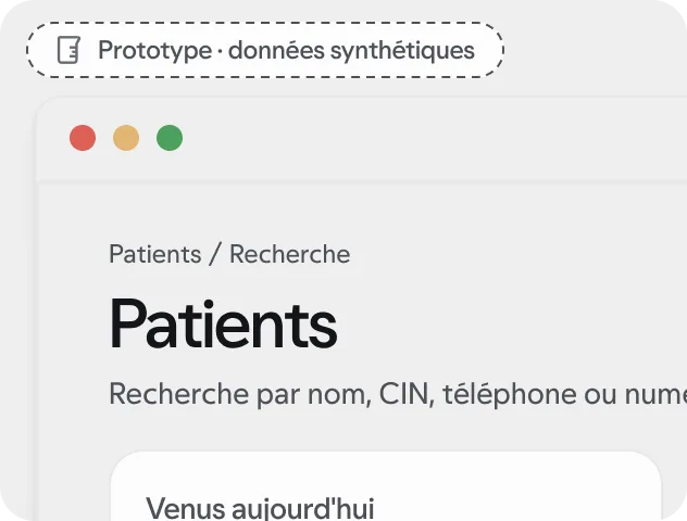 Prototype · données synthétiques : écran « Recherche patient » de l’espace Patients.