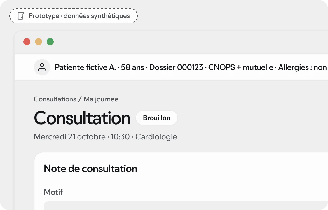 Prototype · données synthétiques : écran « Consultation » de l’espace Soins.