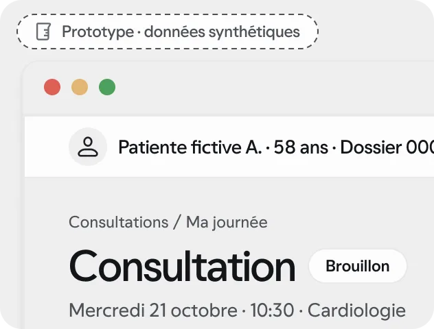 Prototype · données synthétiques : écran « Consultation » de l’espace Soins.