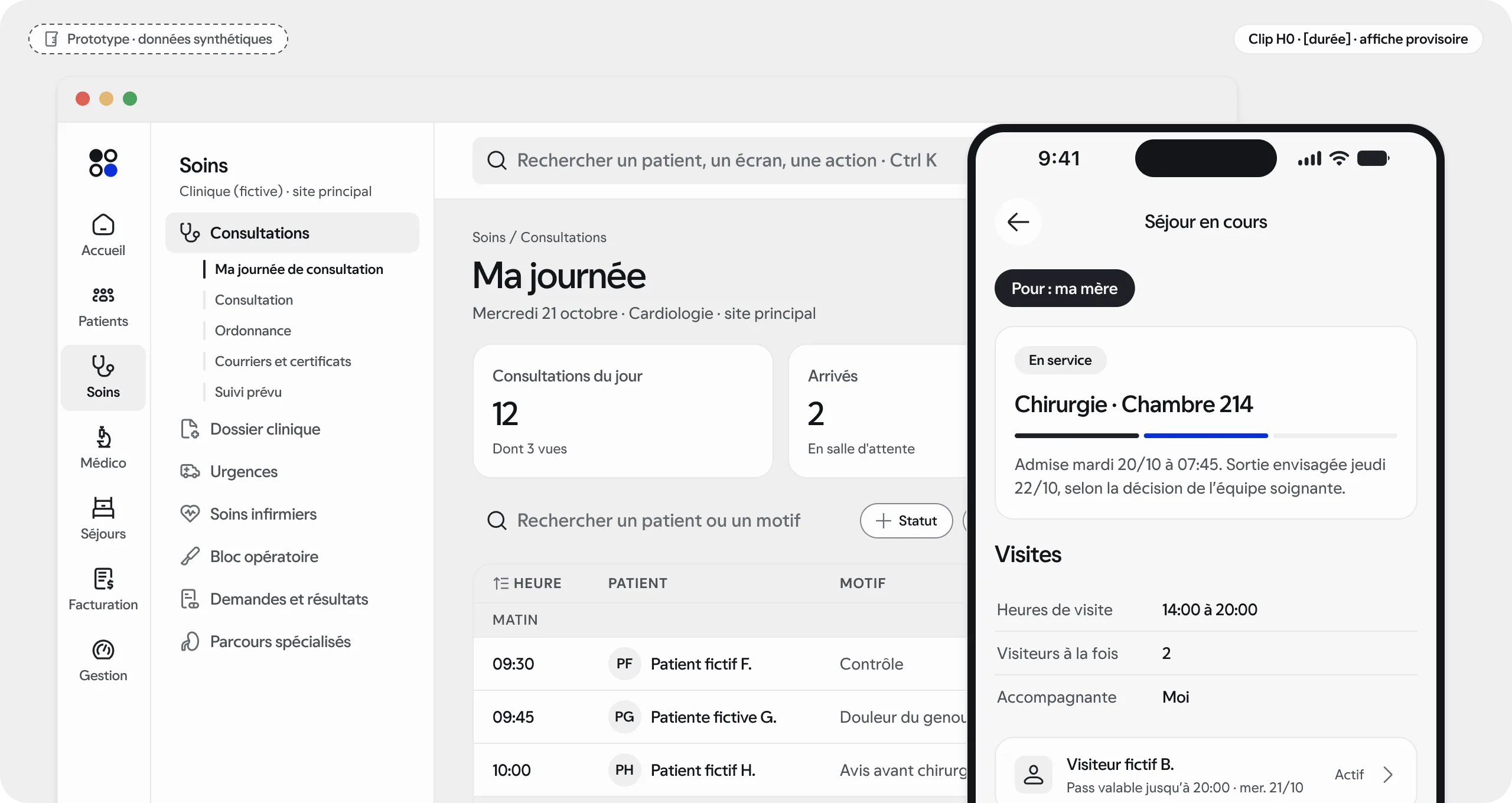 Prototype · données synthétiques : l’écran « Ma journée de consultation » de l’espace Soins sur poste de travail, et l’application patient « Séjour en cours » sur téléphone.