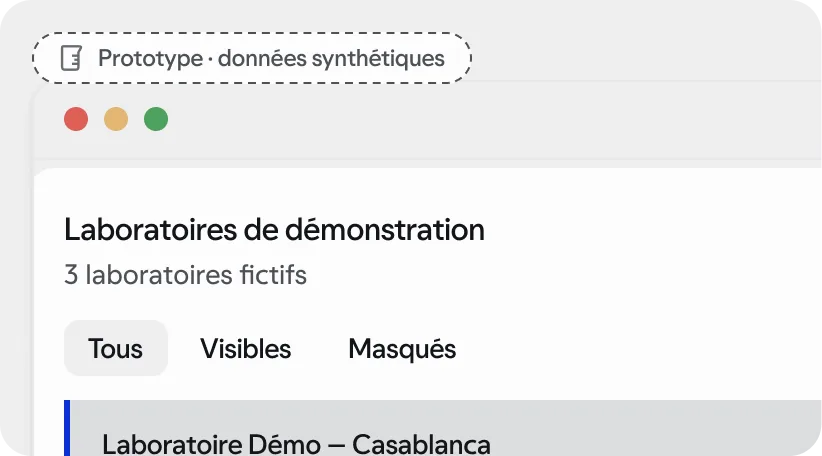 Écran de prototype : l’espace de gestion des laboratoires de démonstration, données synthétiques.