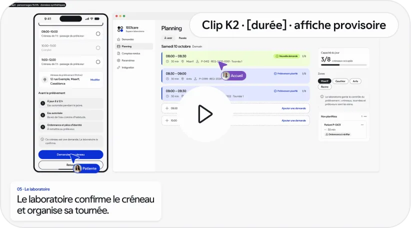 Affiche du clip K2 : le planning des prélèvements et l’écran de la patiente, prototype aux données synthétiques.
