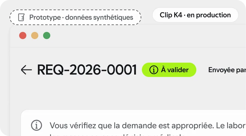 Écran de prototype : la demande à valider côté médecin (REQ-2026-0001, À valider), données synthétiques.