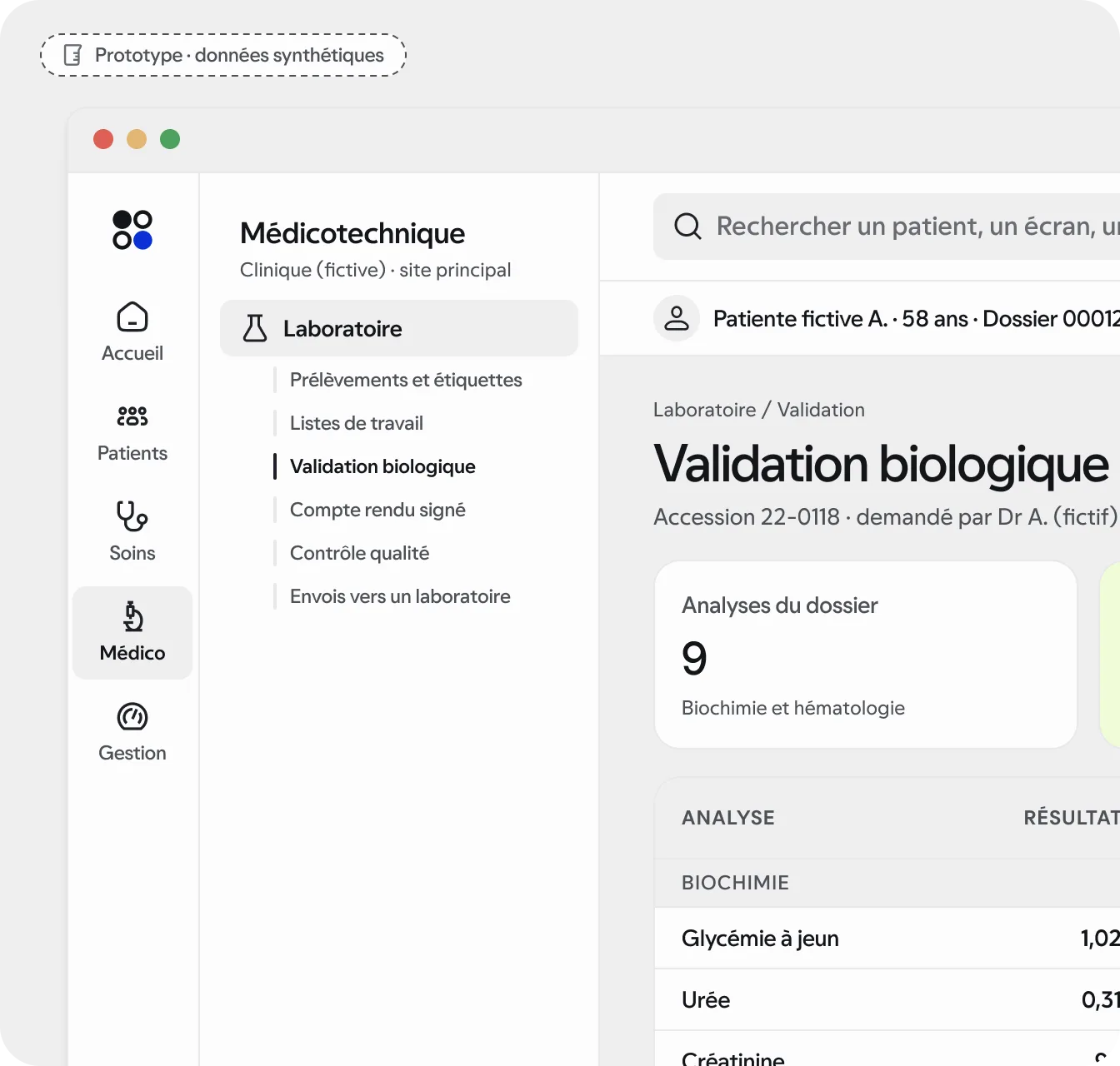 Prototype · données synthétiques : écran « Validation biologique » du module Gestion du laboratoire.