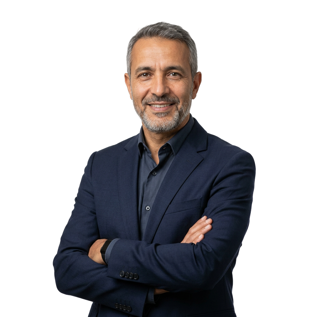 Portrait généré par IA d’un médecin souriant en veste sombre, bras croisés. Personnage fictif.