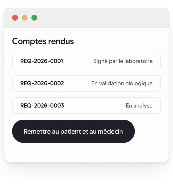 L’écran d’envoi du compte rendu signé dans l’espace laboratoire, avec des données synthétiques.