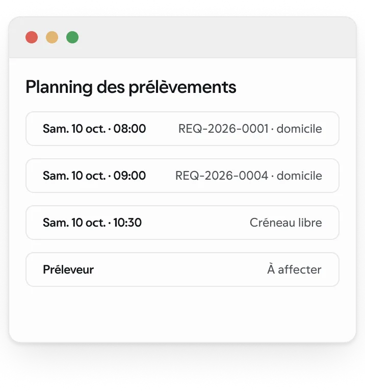 Le planning des prélèvements dans l’espace laboratoire, avec des données synthétiques.