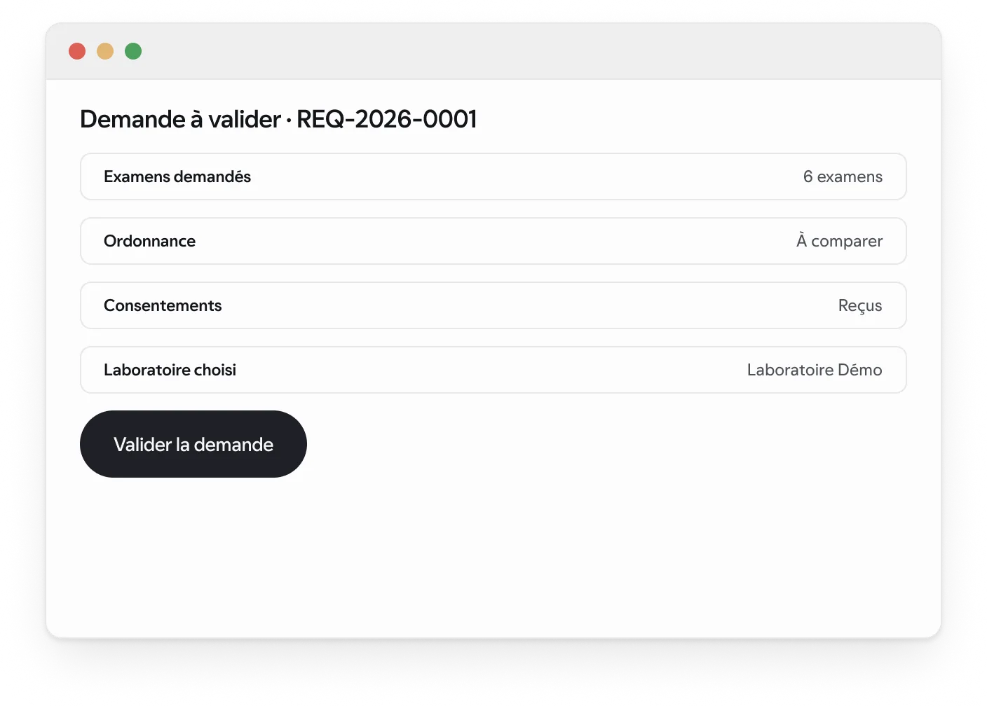 L’écran de validation médicale d’une demande, avec des données synthétiques.