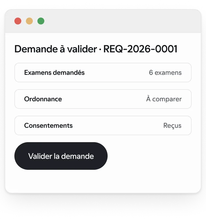 L’écran de validation médicale d’une demande, avec des données synthétiques.
