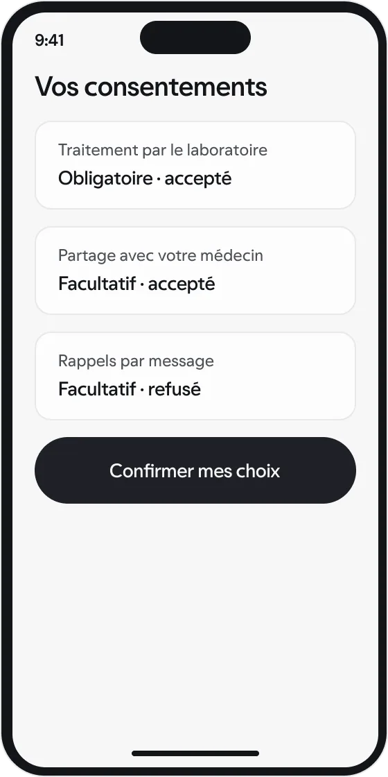 L’écran des consentements séparés dans l’application patient, avec des données synthétiques.