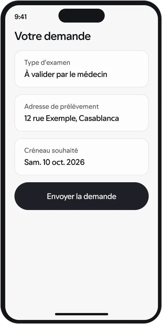 La demande d’analyses dans l’application patient, avec des données synthétiques.