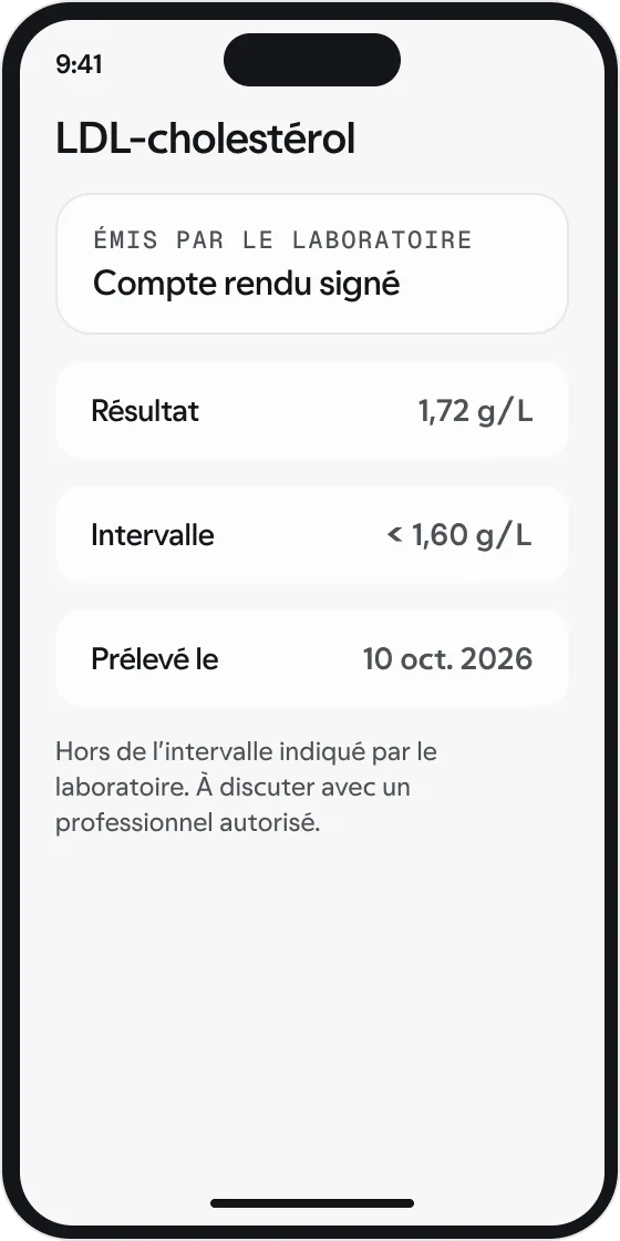 Le détail d’un résultat affiché dans l’application patient, avec des données synthétiques.