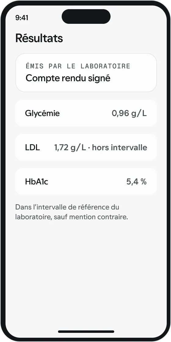 Le compte rendu signé et son historique affichés dans l’application patient, avec des données synthétiques.