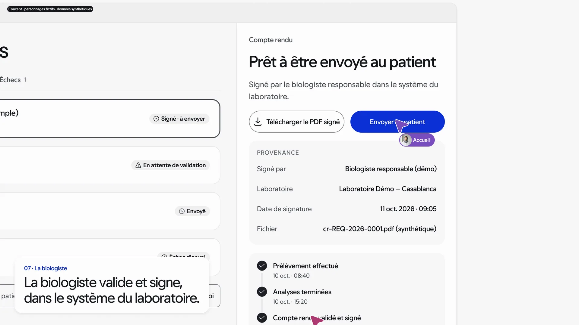 Image du clip « Comptes rendus » : le compte rendu signé et sa provenance. Données synthétiques.
