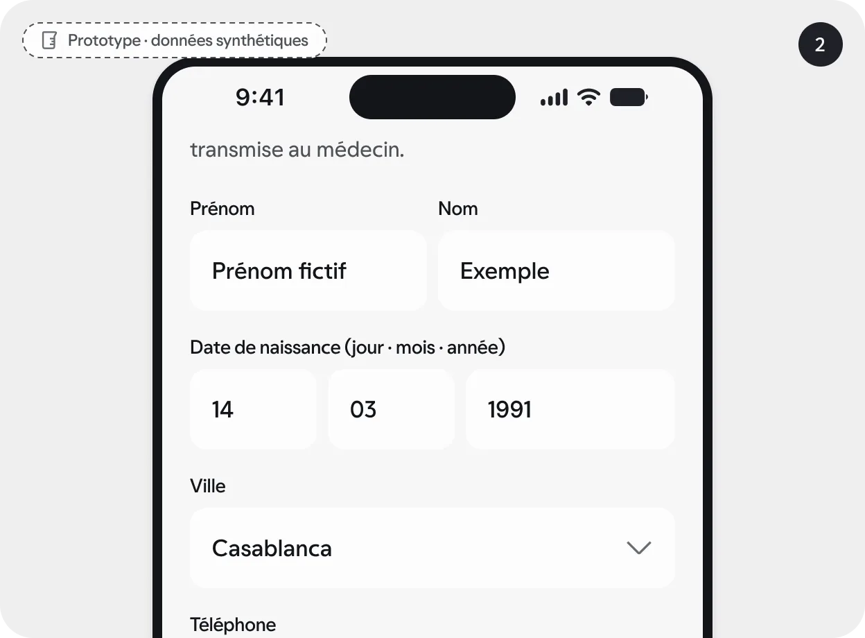 Écran de l’application : informations du patient (prénom fictif). Prototype, données synthétiques.