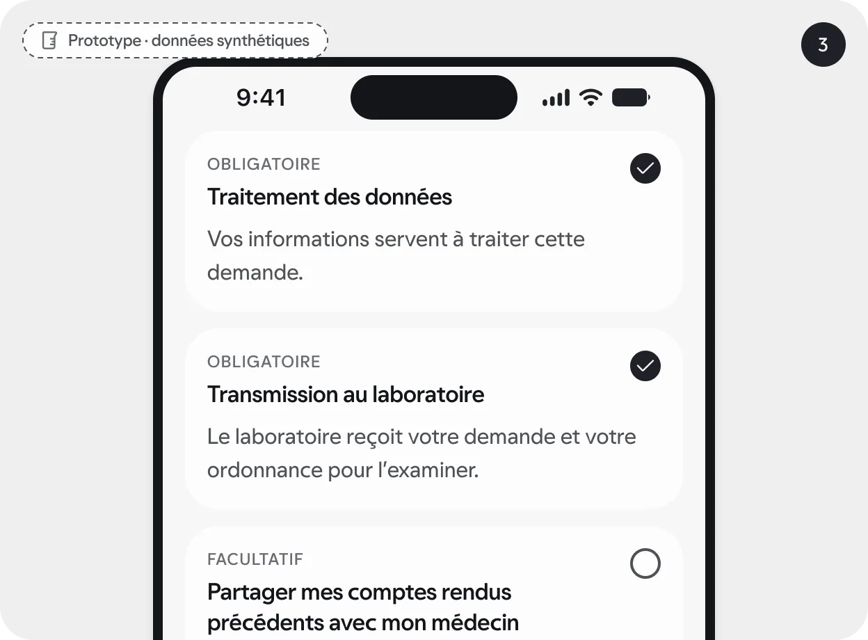 Écran de l’application : consentements séparés. Prototype, données synthétiques.