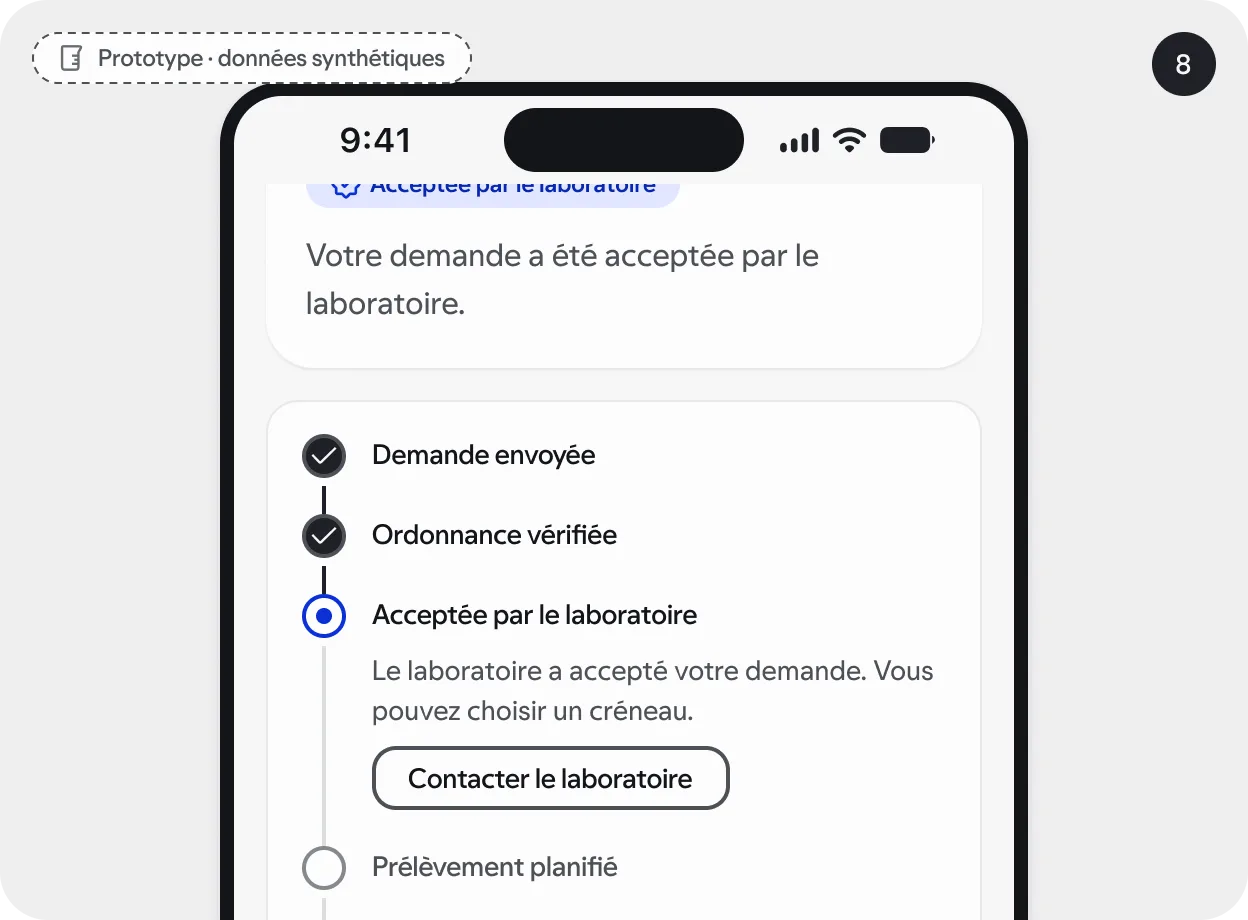 Écran de l’application : le suivi de la demande, étape par étape. Prototype, données synthétiques.