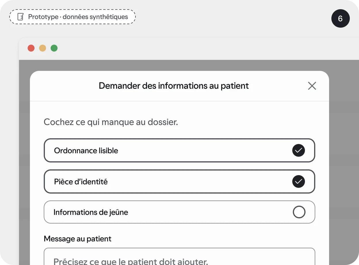 Espace du laboratoire : la demande d’informations au patient. Prototype, données synthétiques.
