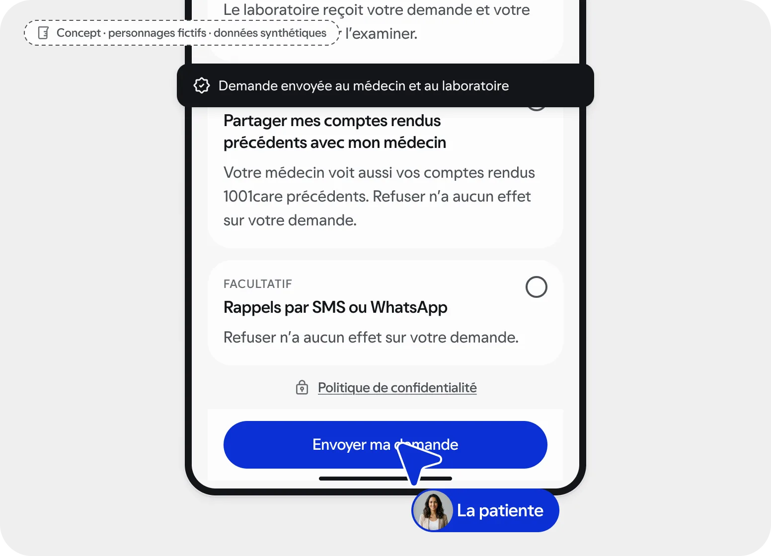 Écran de l’application patiente : les consentements, un par un, avant d’envoyer la demande. Concept, données synthétiques.