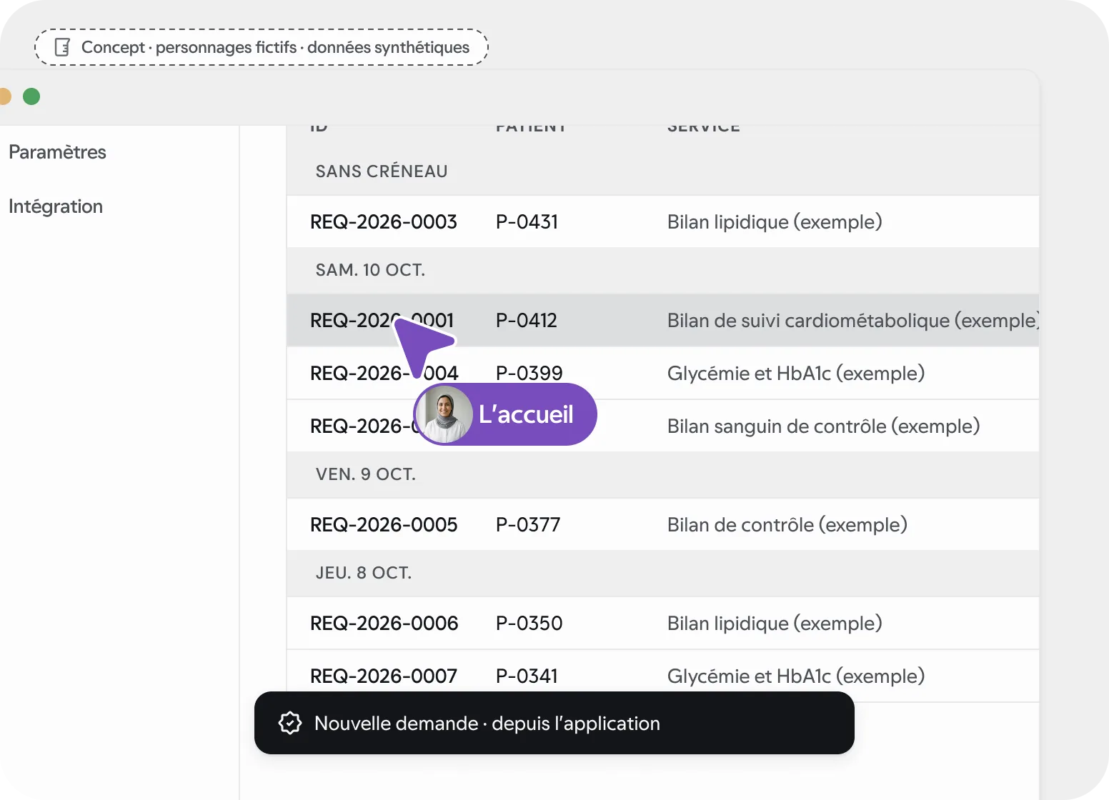 Écran du laboratoire : la file des demandes, celles de l’application à côté de celles du comptoir. Concept, données synthétiques.