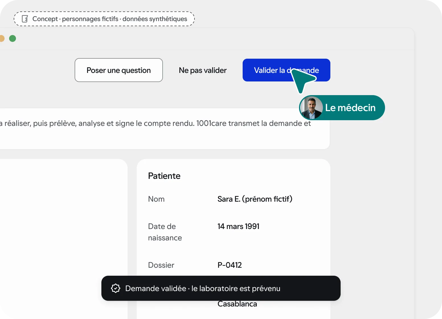 Écran du médecin ouvert depuis un lien : la demande à vérifier avant validation. Concept, données synthétiques.