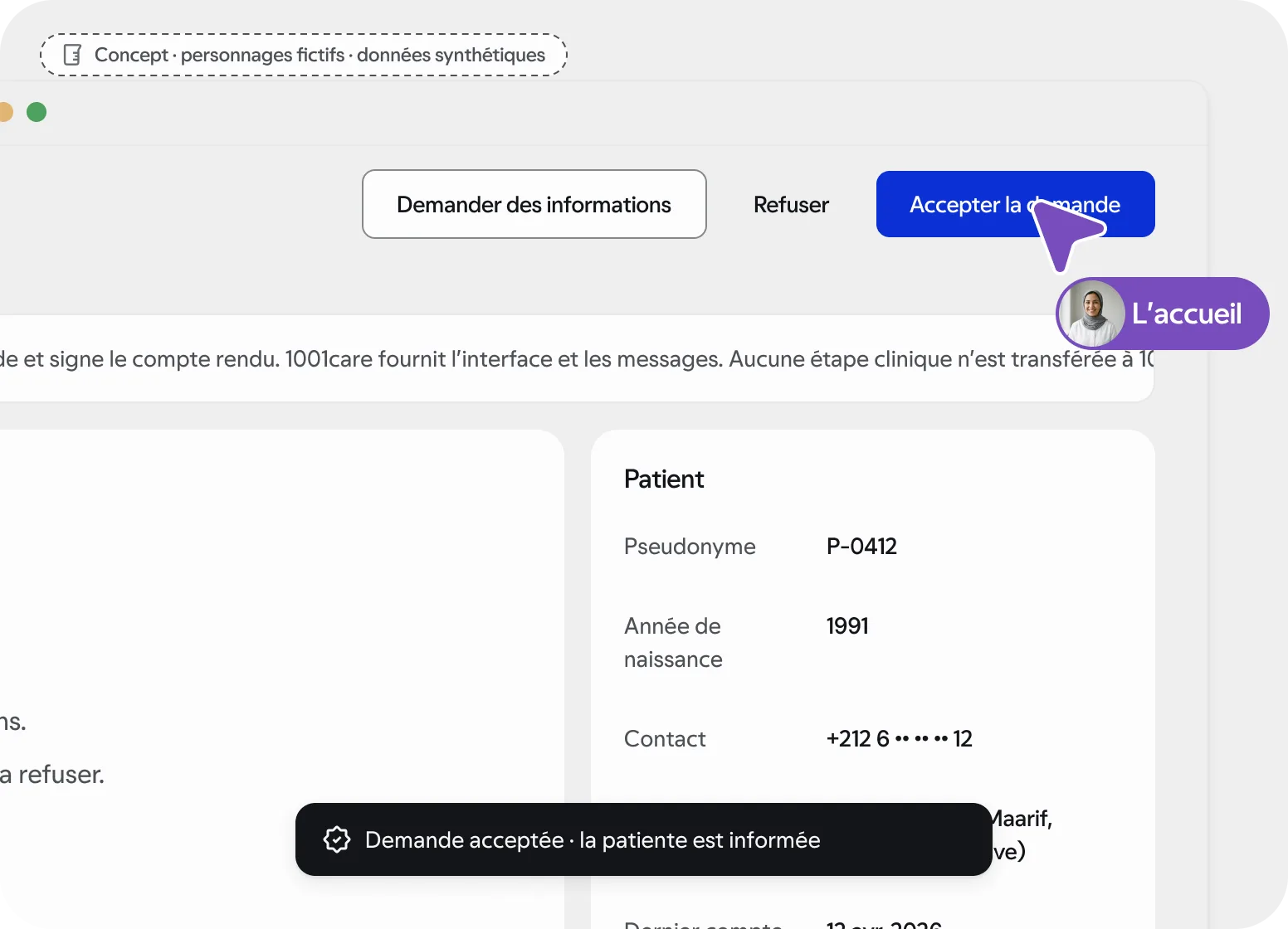 Écran du laboratoire acceptant la demande, et l’application patiente qui affiche la décision. Concept, données synthétiques.