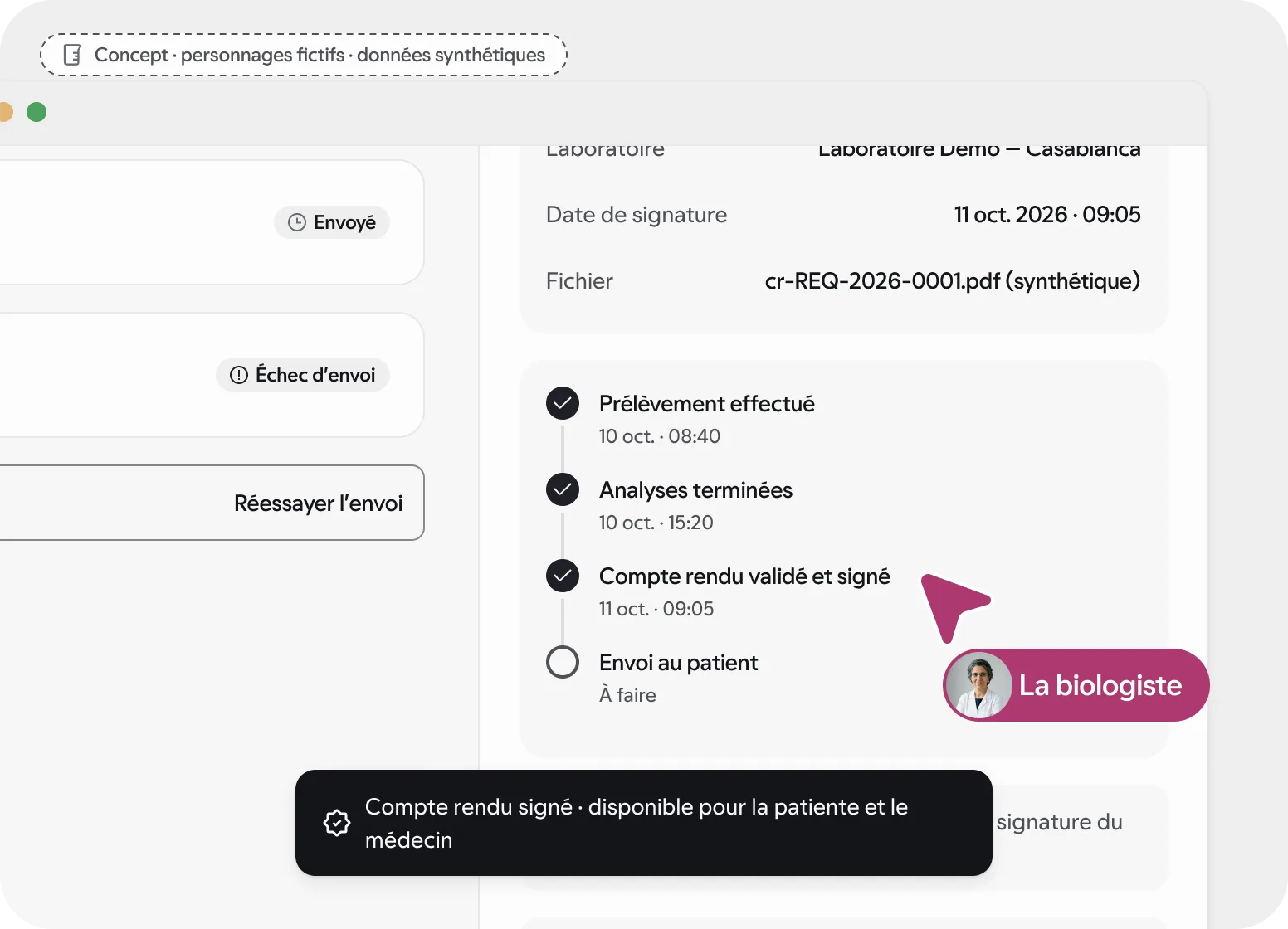 Écran du laboratoire : le compte rendu validé et signé par la biologiste, avec sa provenance. Concept, données synthétiques.