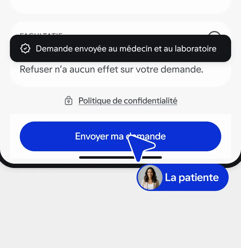 Écran de l’application patiente : les consentements, un par un, avant d’envoyer la demande. Concept, données synthétiques.
