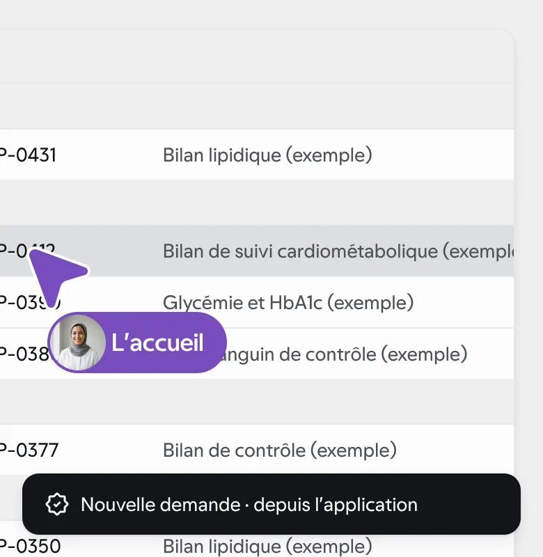 Écran du laboratoire : la file des demandes, celles de l’application à côté de celles du comptoir. Concept, données synthétiques.