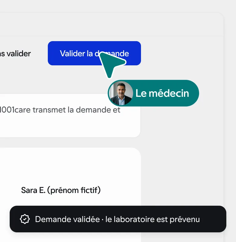 Écran du médecin ouvert depuis un lien : la demande à vérifier avant validation. Concept, données synthétiques.