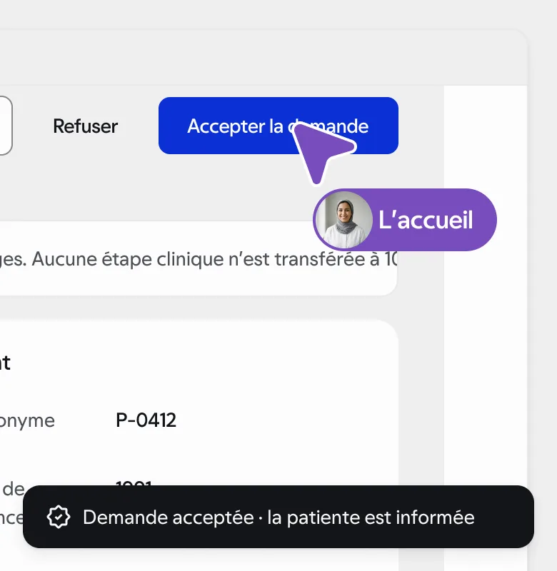 Écran du laboratoire acceptant la demande, et l’application patiente qui affiche la décision. Concept, données synthétiques.