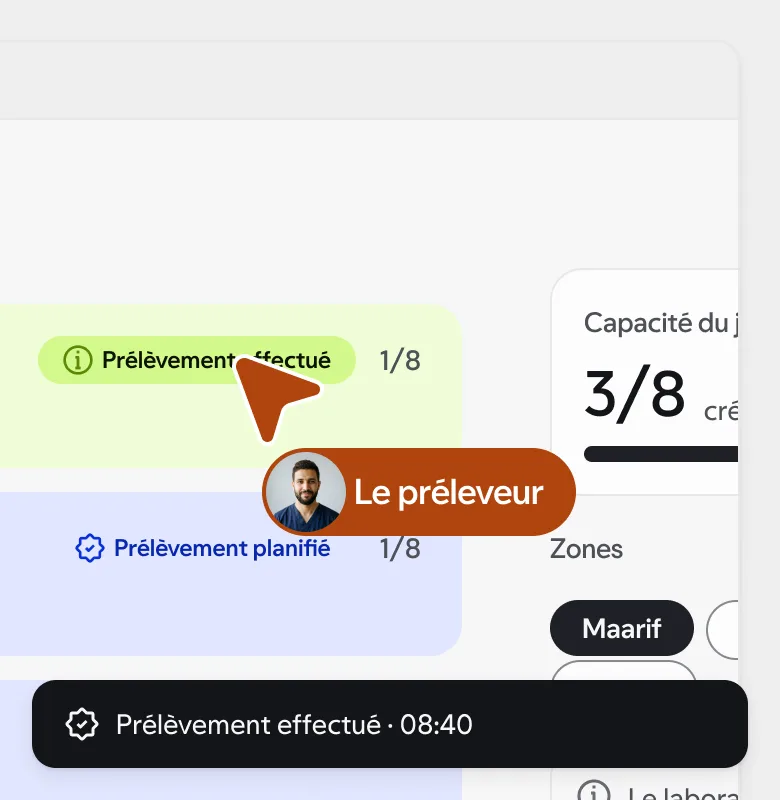 Écran de tournée du préleveur du laboratoire : le créneau à domicile ajouté à la tournée. Concept, données synthétiques.