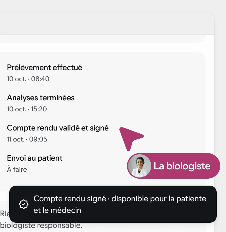 Écran du laboratoire : le compte rendu validé et signé par la biologiste, avec sa provenance. Concept, données synthétiques.