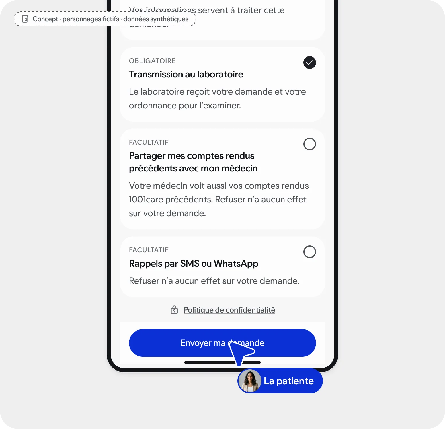 Écran de l’application patiente : les consentements, un par un, avant d’envoyer la demande. Concept, données synthétiques.